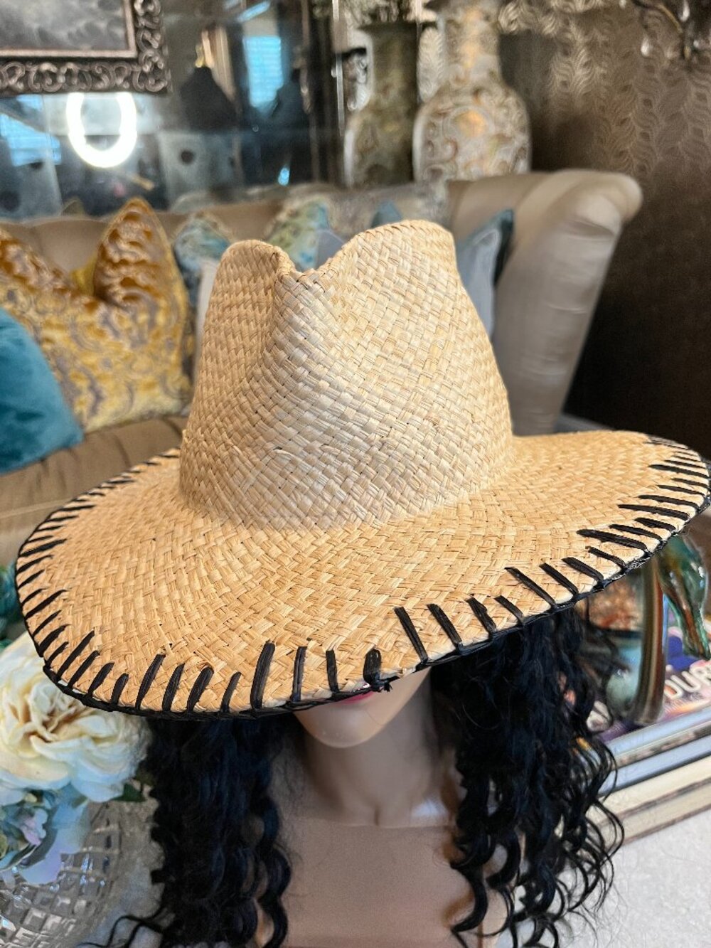 WYETH straw teardrop crown wide brim black thread stitched hat